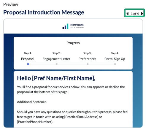 Signing page preview for the Proposal Introduction Message with the Progress bar, with the 1 of 4 page arrows highlighted