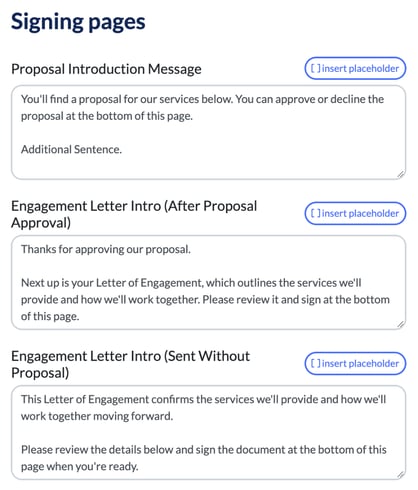 Signing pages settings showing the Proposal Introduction Message, Engagement Letter Intro (After Proposal Approval) and Engagement Letter Intro (Sent Without Proposal) boxes, each with insert placeholder