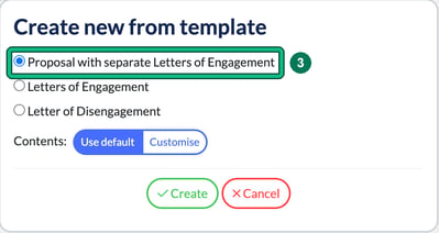 Create new from template window with Proposal with separate Letters of Engagement selected and highlighted as step 3, and Contents set to Use default