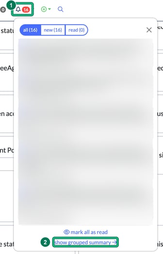 Notification bell panel with all, new and read tabs, with the bell icon highlighted as step 1 and show grouped summary highlighted as step 2