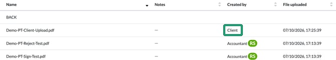 Folder file list on the client's record in Engager, with a file uploaded through the portal showing Client in the Created by column highlighted