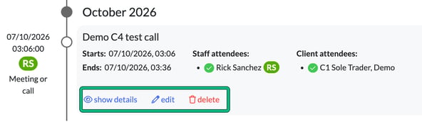 A logged call in the client's communication timeline with start and end times and attendees, with show details, edit and delete highlighted