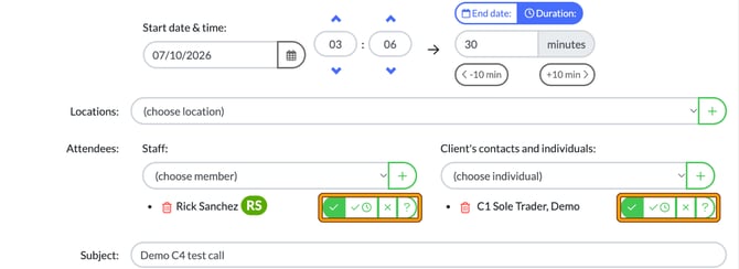 New meeting or call form with start date and time, duration, location, staff and client attendees and subject, with the attendee status buttons highlighted
