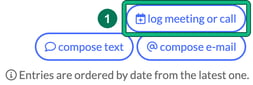 Communication page buttons with log meeting or call highlighted as step 1