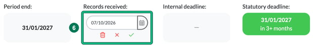 Records received open for editing with a date, a calendar button and delete, cancel and confirm buttons, highlighted as step 6, between Period end, Internal deadline and Statutory deadline