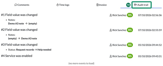 Audit trail tab of a job, highlighted as step 14, listing note and status changes with the user and the date and time of each