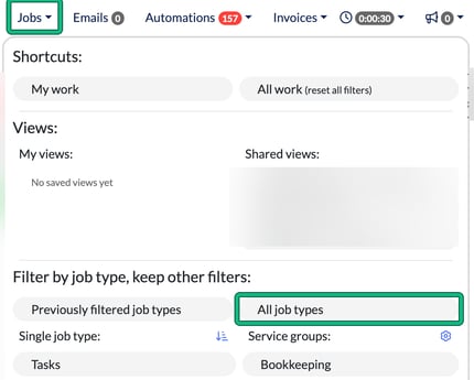 Jobs menu in the top bar with Jobs and All job types highlighted; shared view names blurred