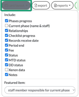 Card layout menu listing the items you can include on a job card and the featured item, with card layout highlighted