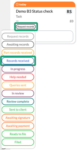 Status list opened from a job card's Request records badge, with Records received highlighted