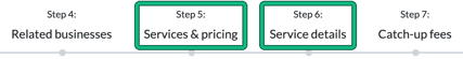 Client record steps 4 to 7 with Step 5 Services and pricing and Step 6 Service details highlighted