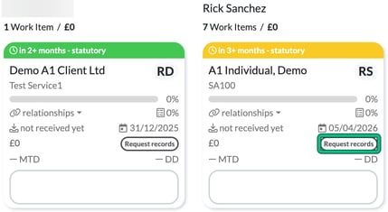 Two Kanban job cards for demo clients showing statutory deadline headers, progress, records, period end, fee and the Request records status badge highlighted