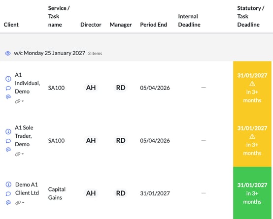 Jobs list view with Client, Service or Task name, Director, Manager, Period End, Internal Deadline and Statutory or Task Deadline columns, grouped by week