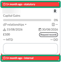 Job card with a red statutory bar at the top and a red internal bar at the bottom, both highlighted; client name blurred