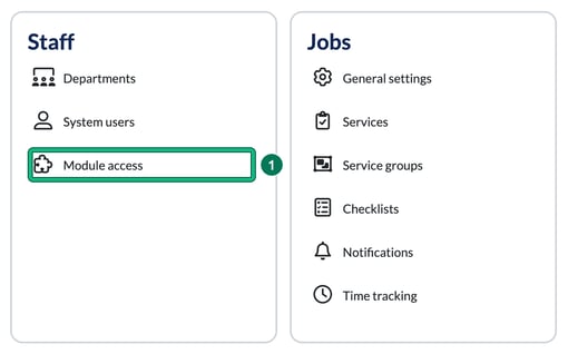 Settings page showing the Staff card with Departments, System users and Module access, with Module access highlighted, next to the Jobs card