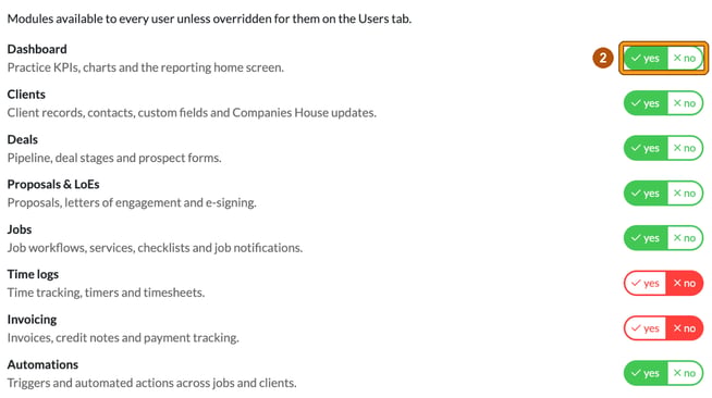 Practice defaults tab listing the eight modules with their descriptions and yes or no switches; Time logs and Invoicing are set to no, and the Dashboard yes or no switch is highlighted
