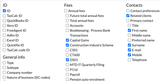 Columns panel with tick boxes grouped under ID, General info, Fees and Contacts