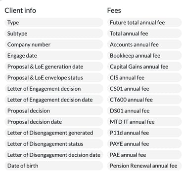 Filters panel listing client info fields such as Type, Company number and Engage date, and fee fields such as Total annual fee