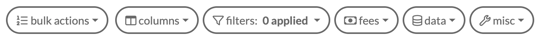 Clients list toolbar with bulk actions, columns, filters showing 0 applied, fees, data and misc
