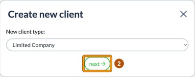 Create new client window with Limited Company selected as the new client type and next highlighted as step 2