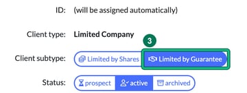 General info for a new Limited Company with Client subtype set to Limited by Guarantee, highlighted as step 3