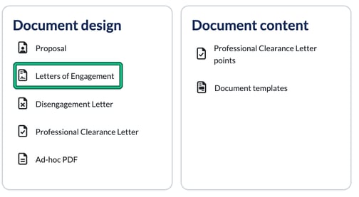Settings grid with Letters of Engagement highlighted in the Document design card
