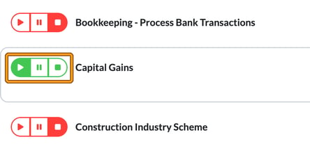 Services and pricing step of a client with the Capital Gains service shown as enabled by its green play control, highlighted