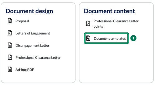 Settings grid showing the Document design and Document content cards, with Document templates highlighted as step 1