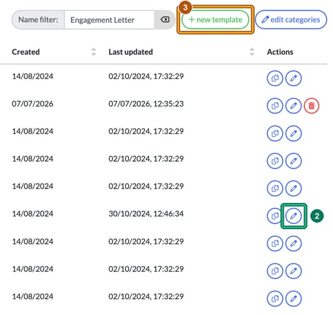 Right-hand end of the Document templates list filtered to Engagement Letter, with a pencil edit button highlighted as step 2 and the new template button highlighted as step 3