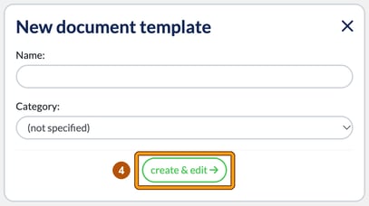 New document template window with Name and Category fields and the create and edit button highlighted as step 4