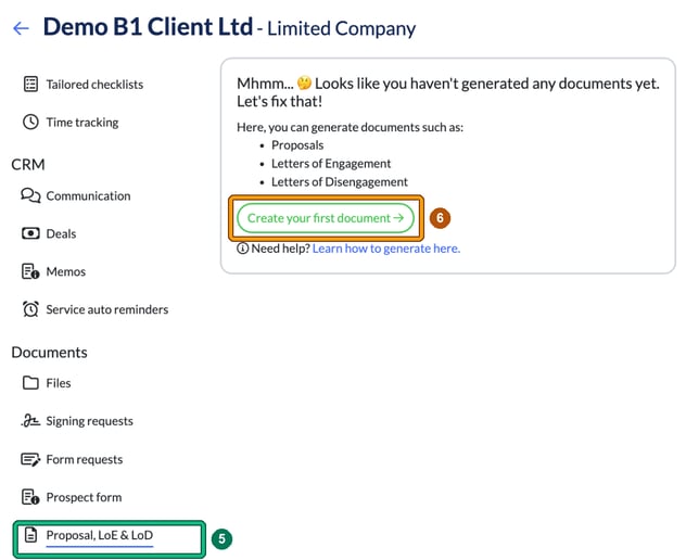 Client record with Proposal, LoE and LoD highlighted as step 5 in the Documents menu and the Create your first document button highlighted as step 6