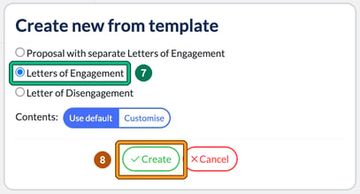 Create new from template window with Letters of Engagement selected as step 7 and the Create button highlighted as step 8