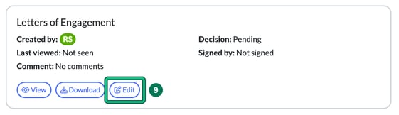 Letters of Engagement document card with the View, Download and Edit buttons, Edit highlighted as step 9