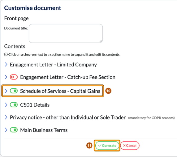 Customise document window listing the document sections with their toggles, the Schedule of Services - Capital Gains section highlighted as step 10 and the Generate button highlighted as step 11