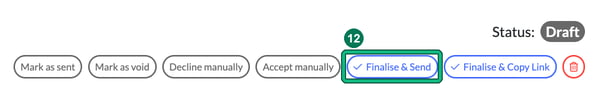 Document action buttons with Finalise and Send highlighted as step 12, status Draft