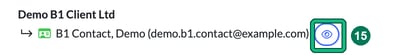 Email recipient line for the client's primary contact with the preview button highlighted as step 15