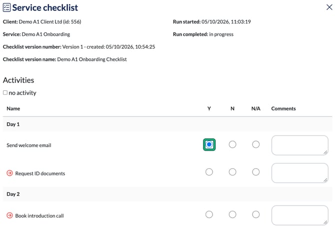 Service checklist with Day 1 and Day 2 points, with the Y answer for Send welcome email highlighted