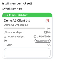 Job card on the Jobs page for a client's onboarding service, due 19/10/2026 in 14 days