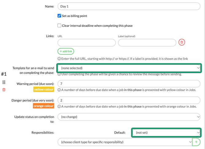 A phase named Day 1 in the service form, with the email template to send on completing the phase and the Default responsibility highlighted