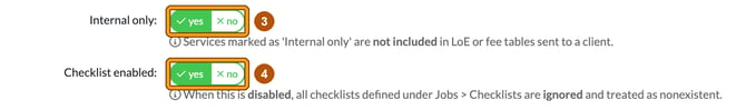 New service form with Internal only set to yes highlighted as step 3 and Checklist enabled set to yes highlighted as step 4