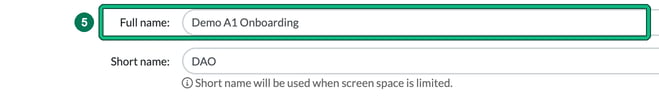 Full name field filled in for an onboarding service, highlighted as step 5, with the auto-filled short name below