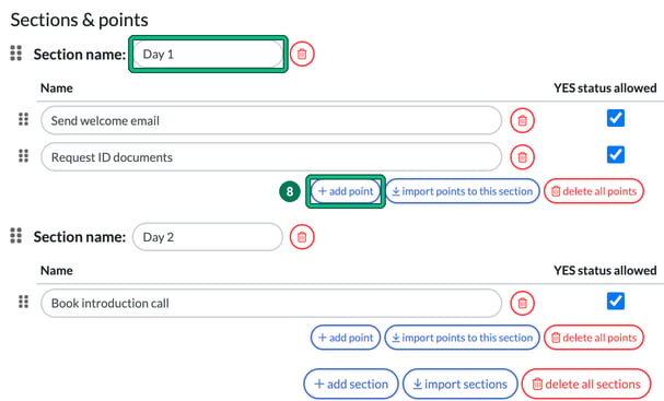 Edit checklist with sections Day 1 and Day 2 and their points, with the Day 1 section name highlighted and + add point highlighted as step 8