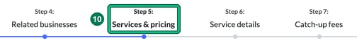 Client form steps with Step 5 Services & pricing highlighted as step 10