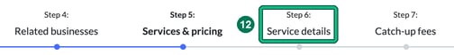 Client form steps with Step 6 Service details highlighted as step 12