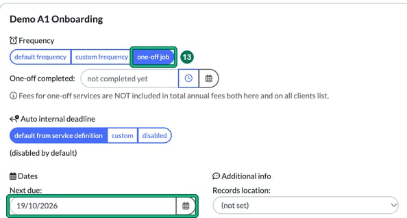 Service details for an onboarding service with one-off job highlighted as step 13 and a Next due date of 19/10/2026 highlighted