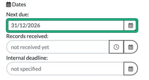 Dates on the service with Next due set to 31/12/2026 highlighted, and Records received and Internal deadline below
