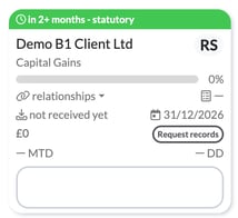 Job card for Demo B1 Client Ltd, Capital Gains, due 31/12/2026