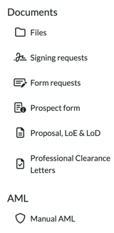 Client record left menu with Documents and AML sections, from Files to Manual AML