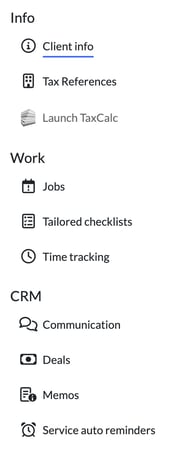 Client record left menu with Info, Work and CRM sections