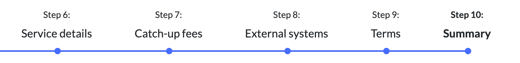Client record step bar showing Step 6 Service details to Step 10 Summary