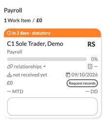 Payroll job card for the demo client on the client's Jobs board, due 09/10/2026, in 2 days